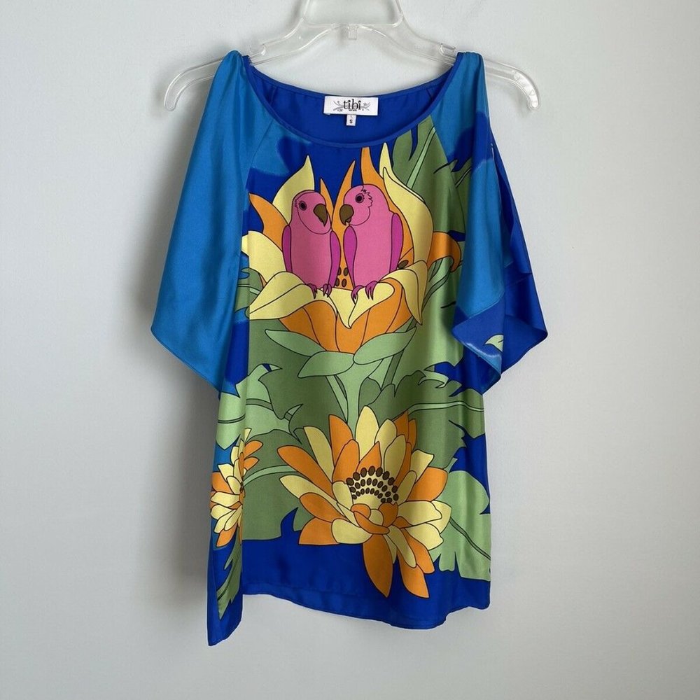 TIBI Blue 100% Silk Parrot Love Birds Cold Shoulder Blouse